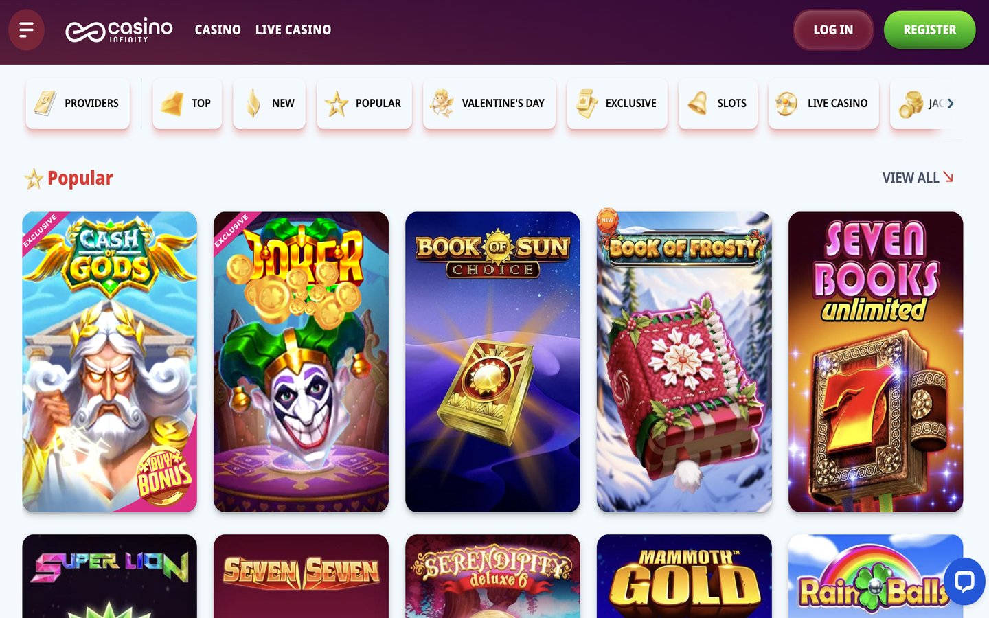 Casino Infinity screenshot showing the homepage and game lobby