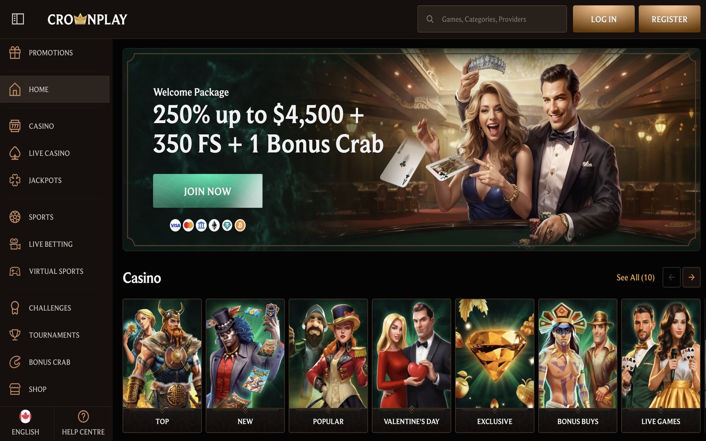 Crownplay screenshot showing the homepage and game lobby